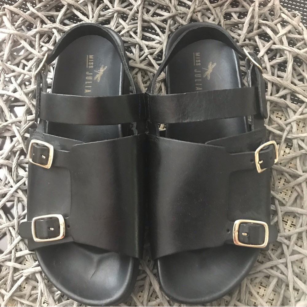 Miss Julia Flat Black Leather Sandals - Size 36